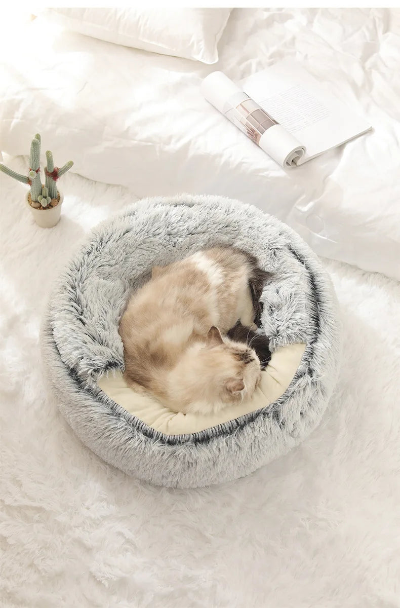 Cama Redonda de Felpa 2 en 1 para Gatos – Nido Cálido y Acogedor de Invierno